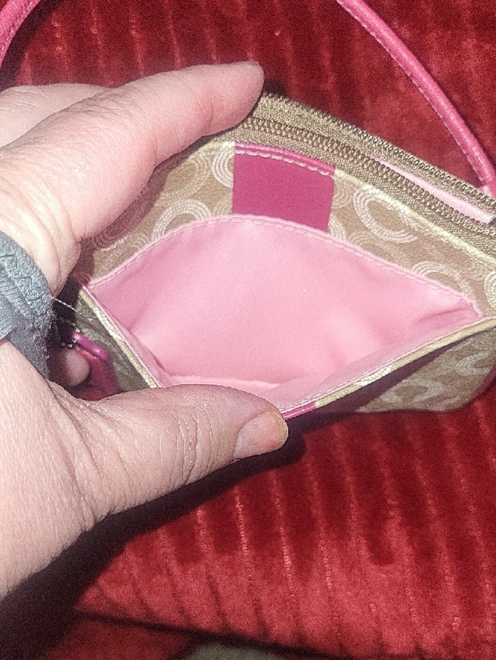 Coach Wristlet in Khaki with Pink Trim. - Picture 2 of 6